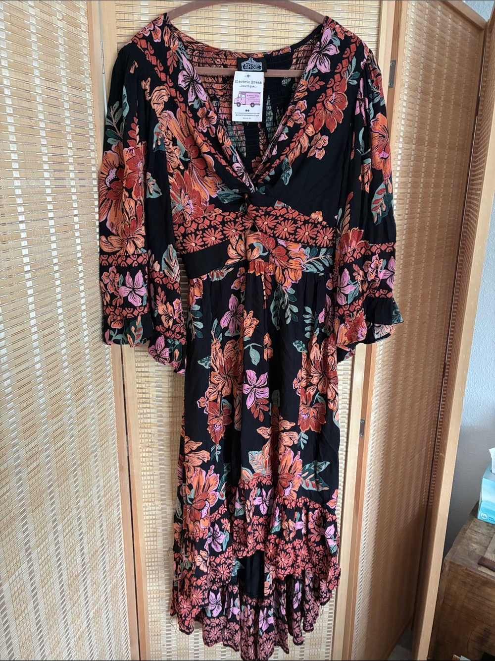 Angie Black Maxi Dress with Orange and Pink Floral Print